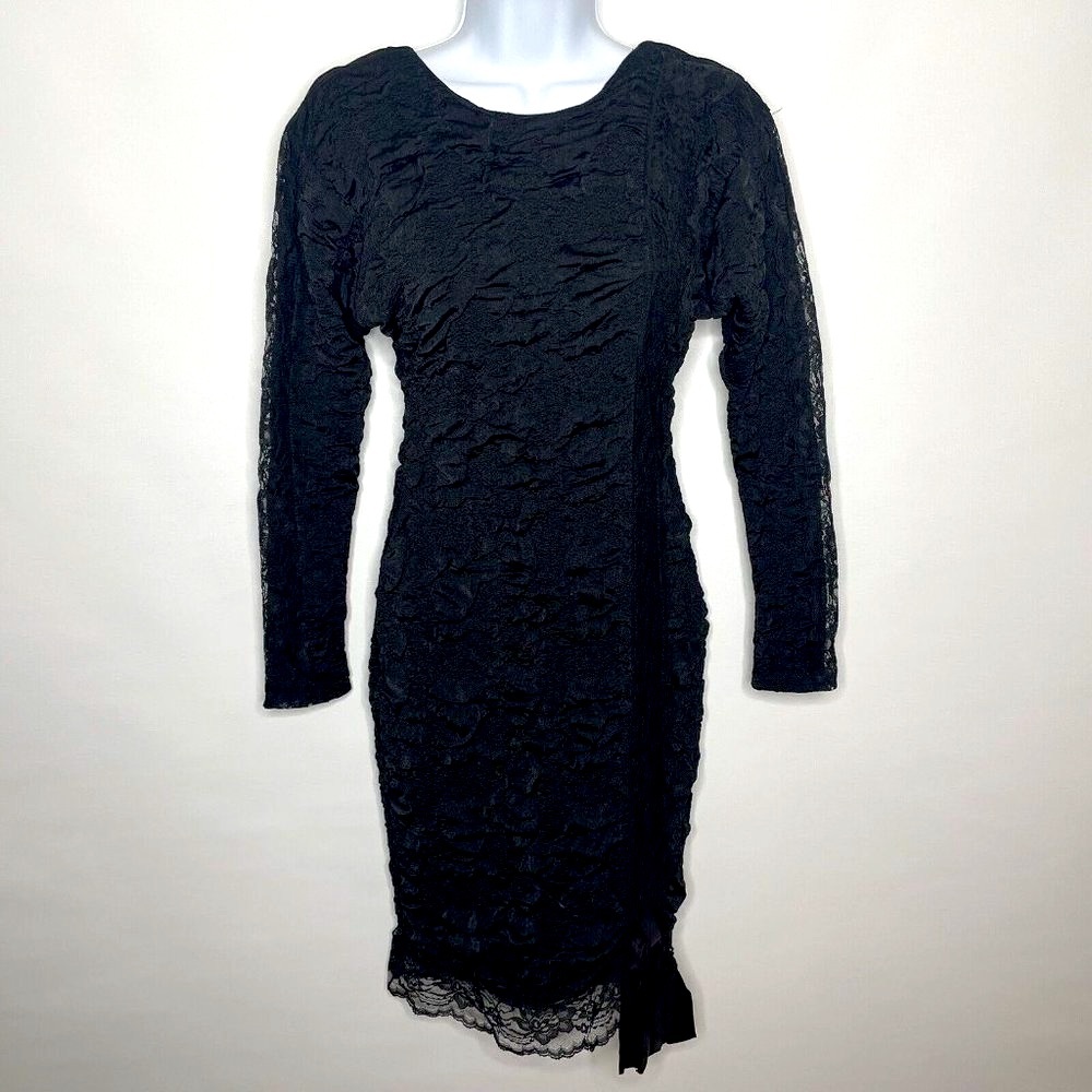 Vintage 90s Nuance Black Bubble Texture Satin Lace Backless Bodycon Dress